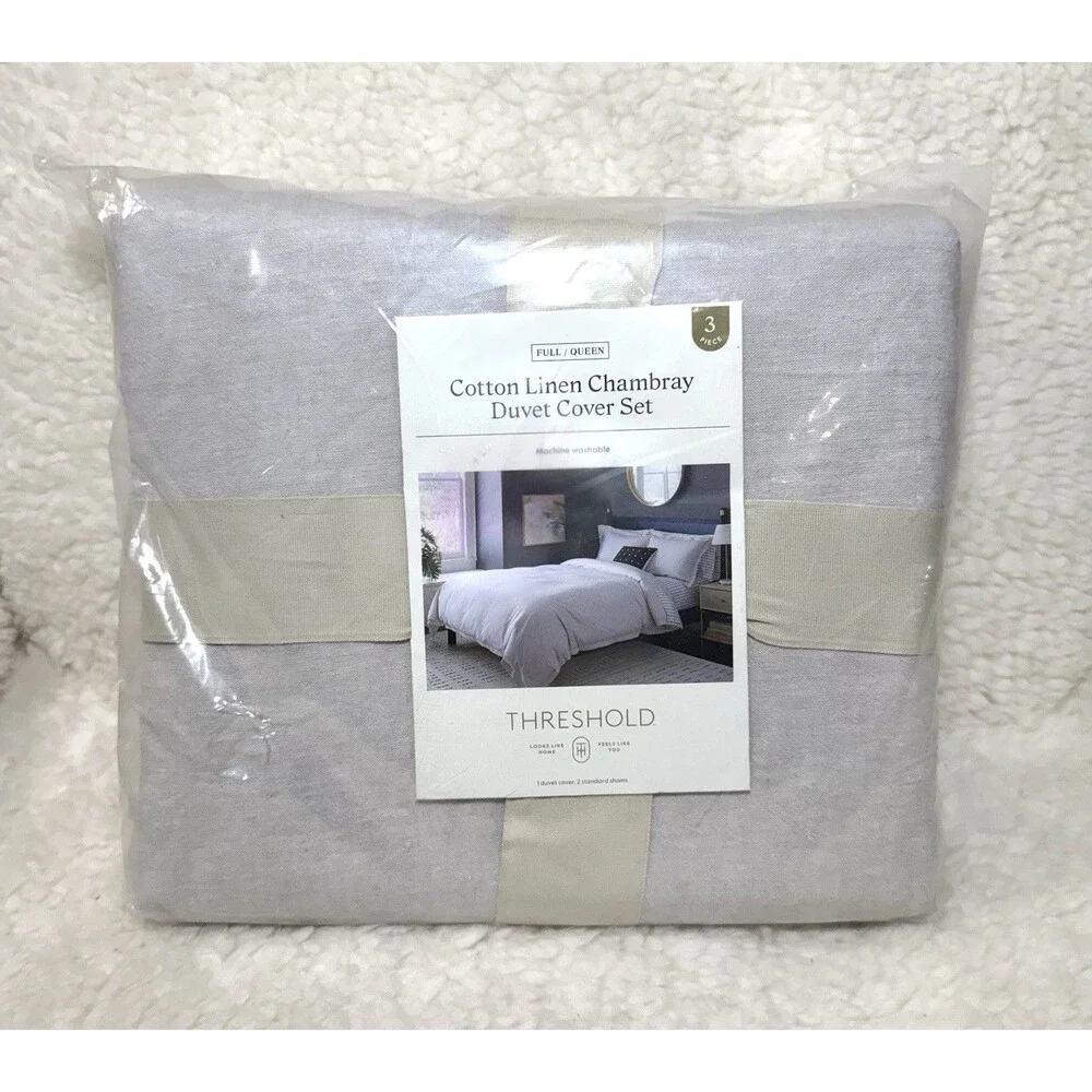 Full/Queen Linen Chambray Duvet Cover & Sham Set Light Gray Threshold NEW